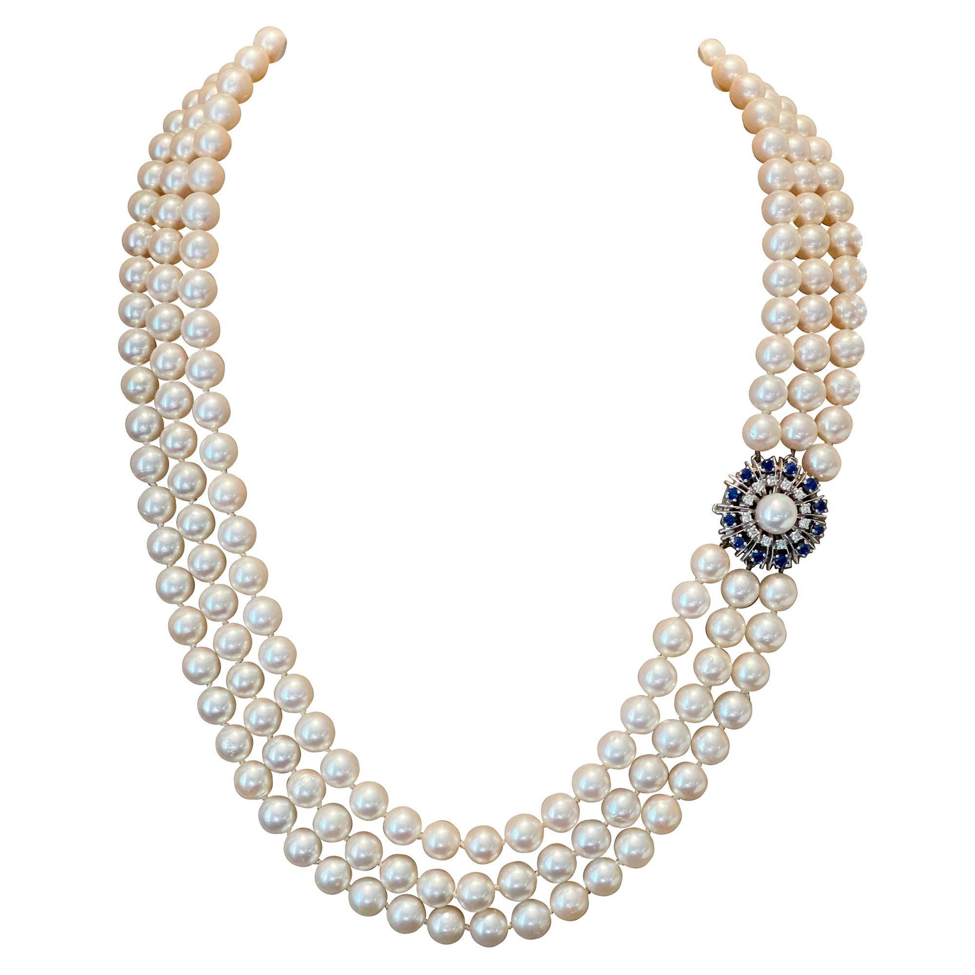 Vintage 3 row Akoya long Necklace 18 white Gold Sapphire Diamond clasp