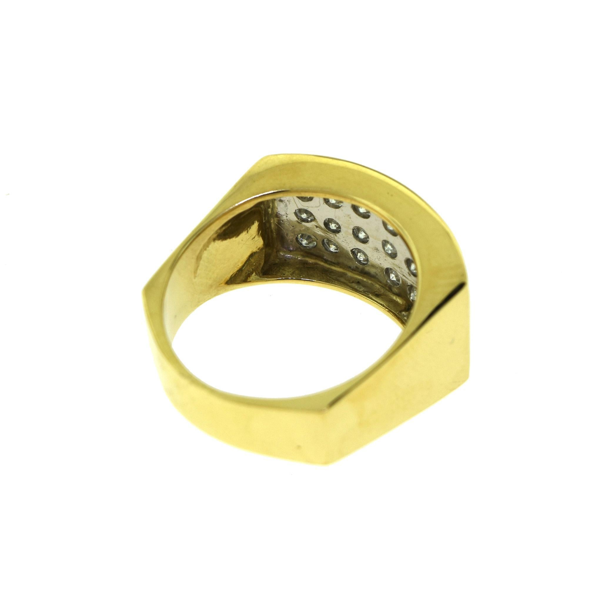 Round Cut Vintage 3 Row Diamond Rectangular 18k Yellow Gold Cocktail Ring For Sale