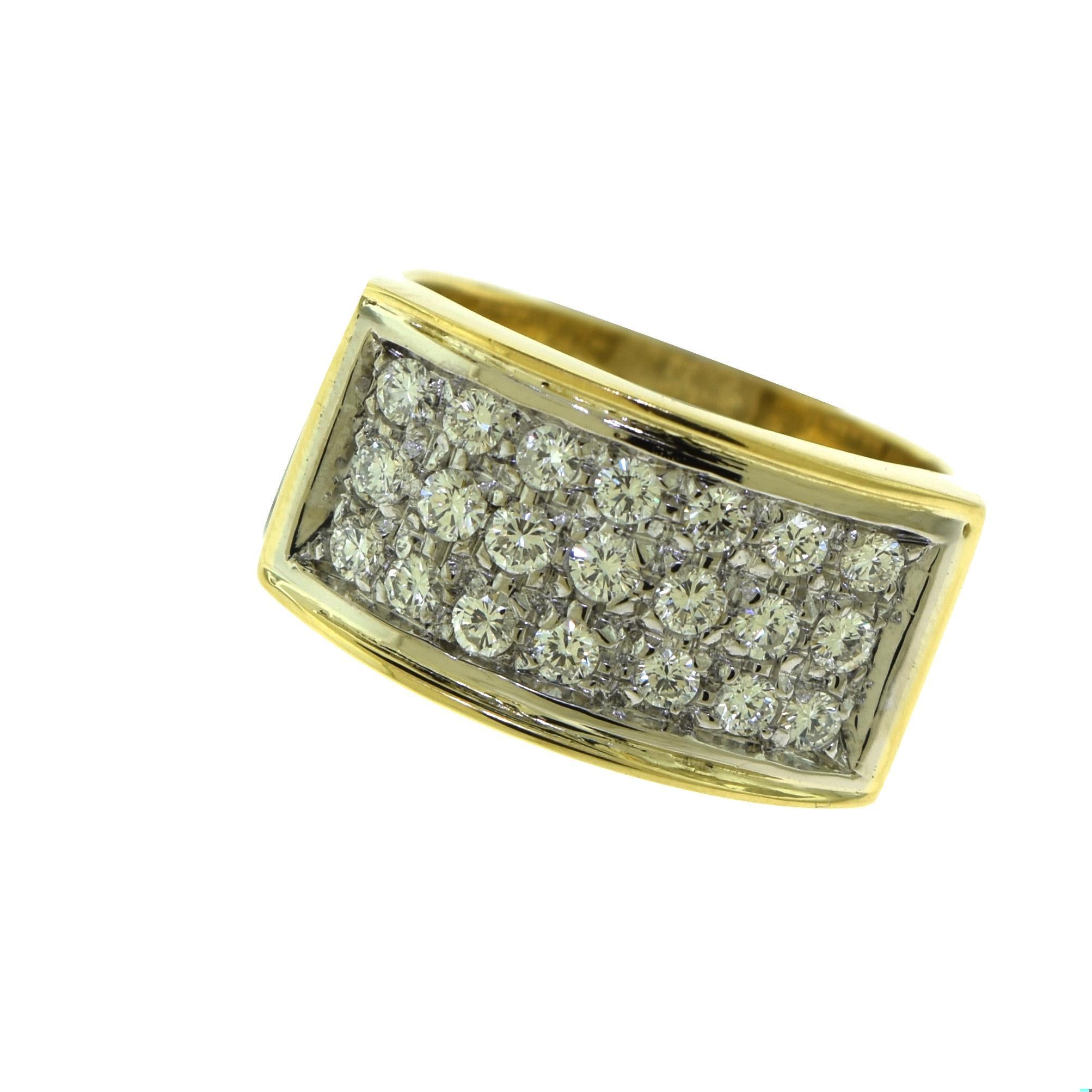 Vintage 3 Row Diamond Rectangular 18k Yellow Gold Cocktail Ring In Good Condition For Sale In Miami, FL