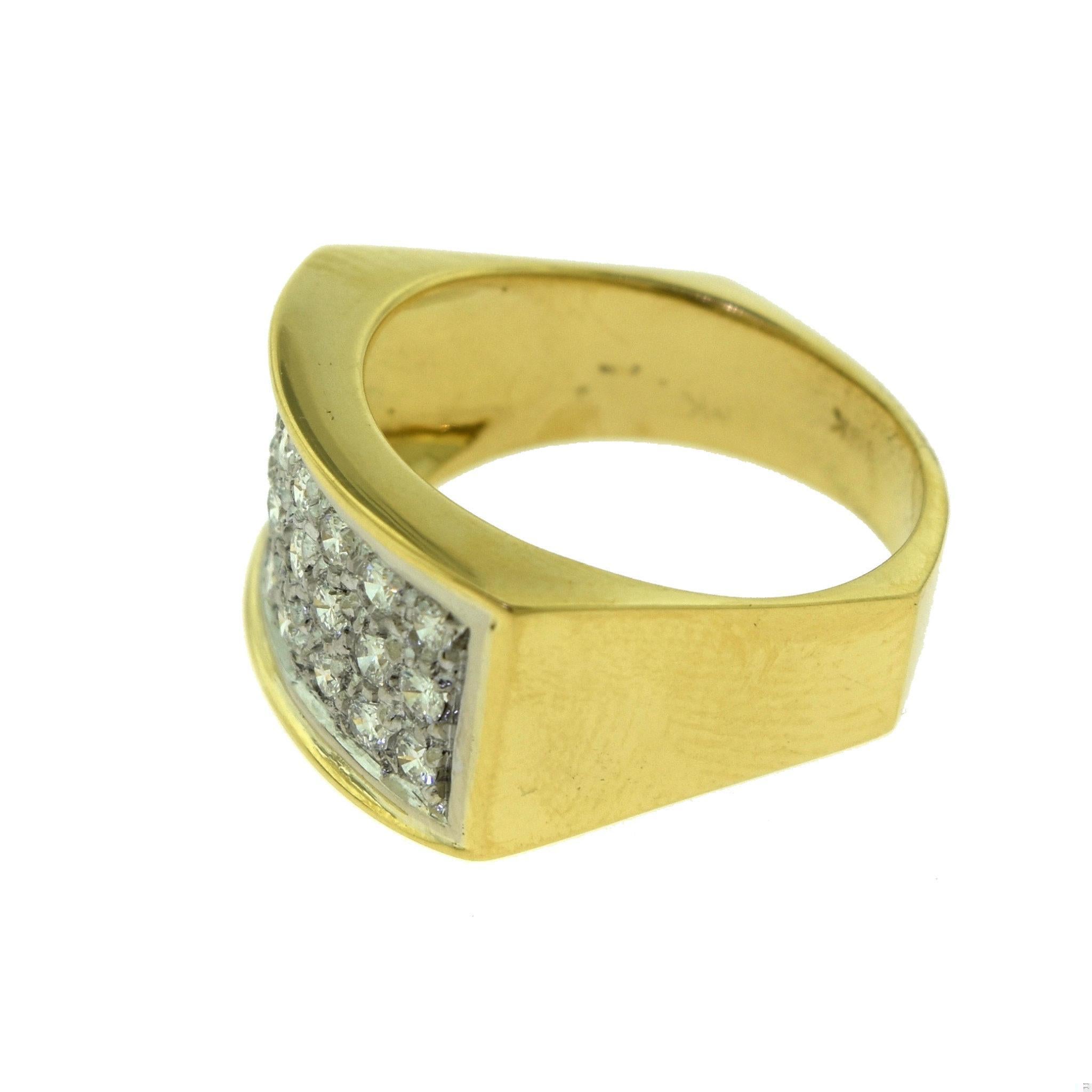 Women's Vintage 3 Row Diamond Rectangular 18k Yellow Gold Cocktail Ring For Sale