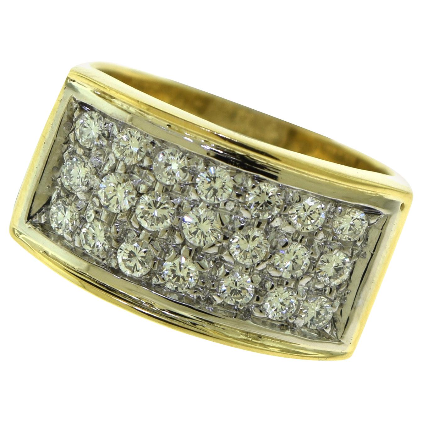 Vintage 3-Row Diamond Rectangular Top 18 Karat Yellow Gold Cocktail Ring