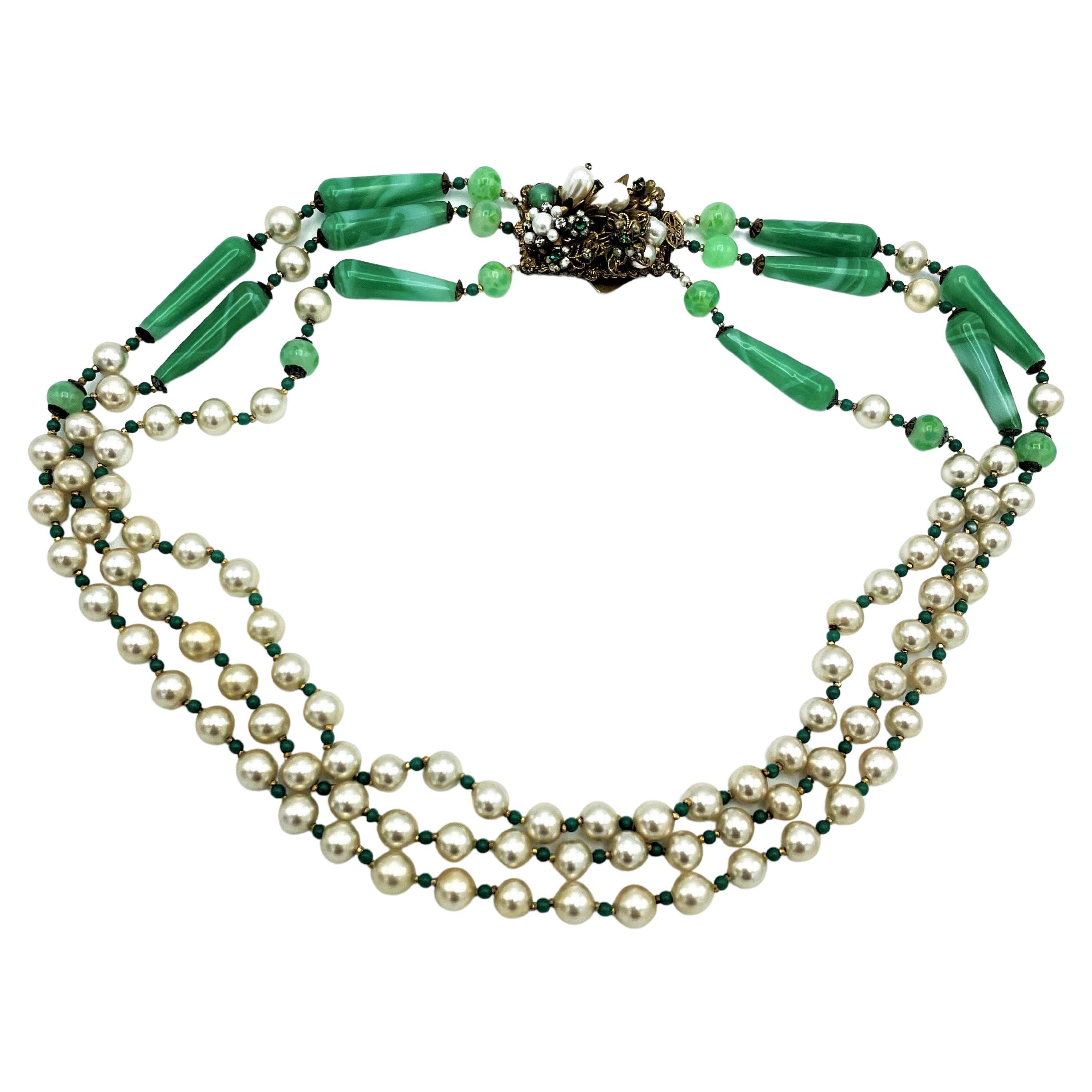 Arts and Crafts Vintage 3 row necklace by Robert with faux jade and faux pearls USA 1940s  For Sale