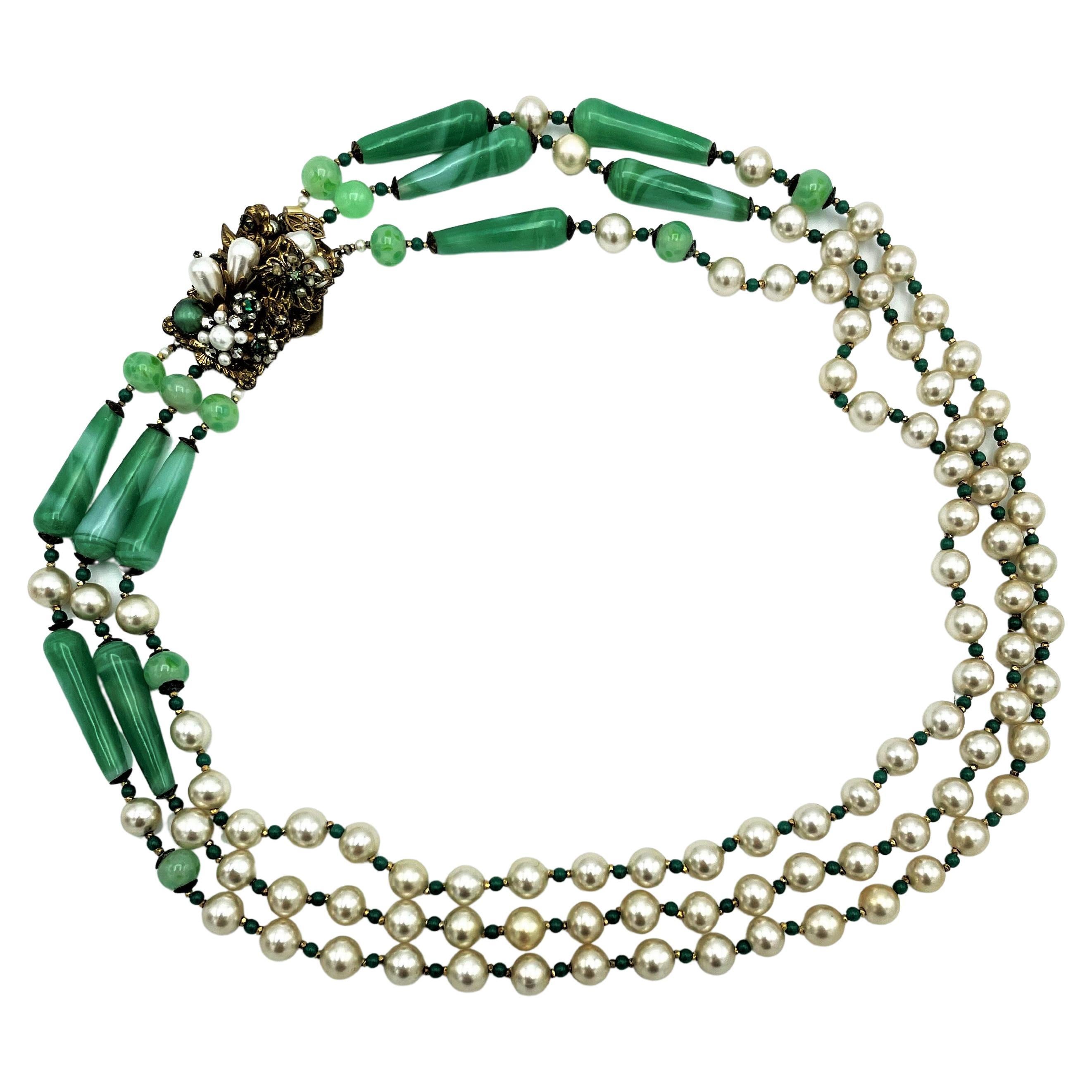 Vintage 3 row necklace by Robert with faux jade and faux pearls USA 1940s  For Sale