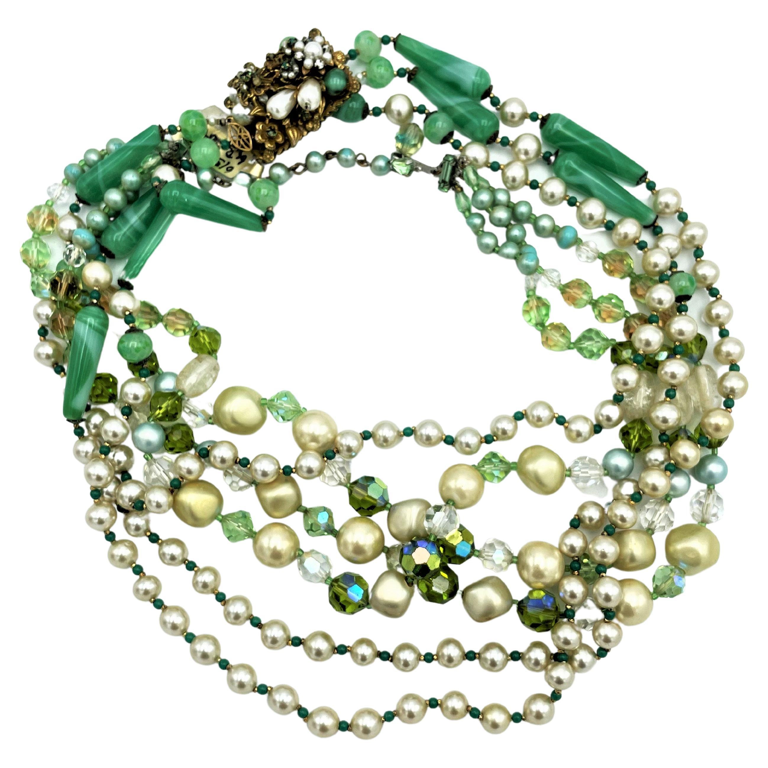 Collana vintage a tre fili, strass e false perle, USA anni '50, non firmata in vendita