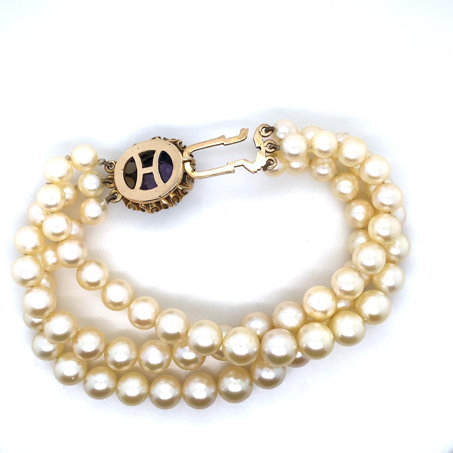 Vintage 3 Row Pearl Amethyst 9 Karat Yellow Gold Bracelet For Sale 4