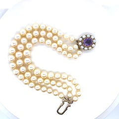 Vintage 3 Row Pearl Amethyst 9 Karat Yellow Gold Bracelet