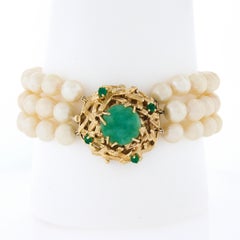 Vintage 3 Row Pearl Bracelet w/ 14k Yellow Gold Jade & Green Onyx Textured Clasp