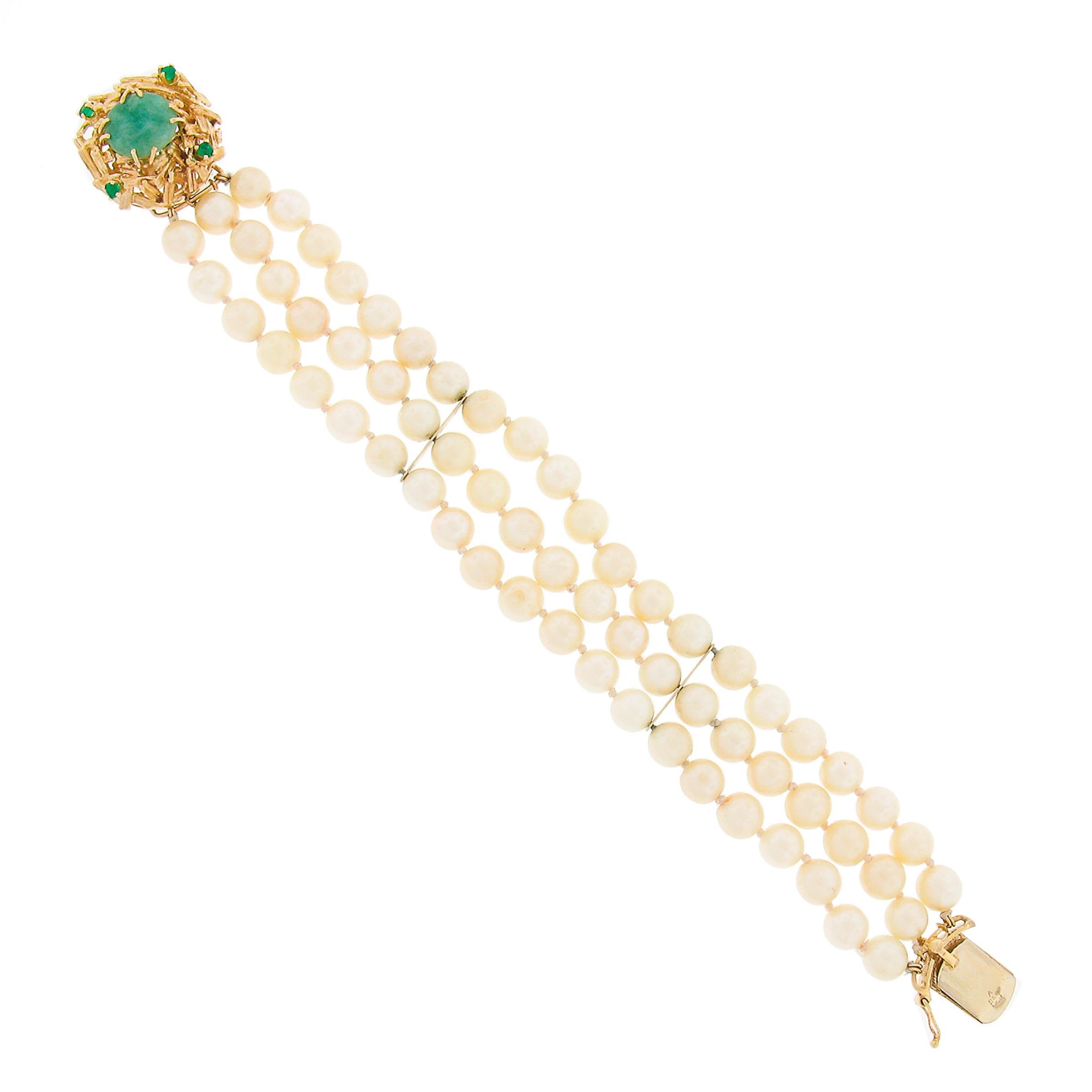 Women's Vintage 3 Row Pearl Bracelet w/ 14k Yellow Gold Jade & Green Onyx Textured Clasp