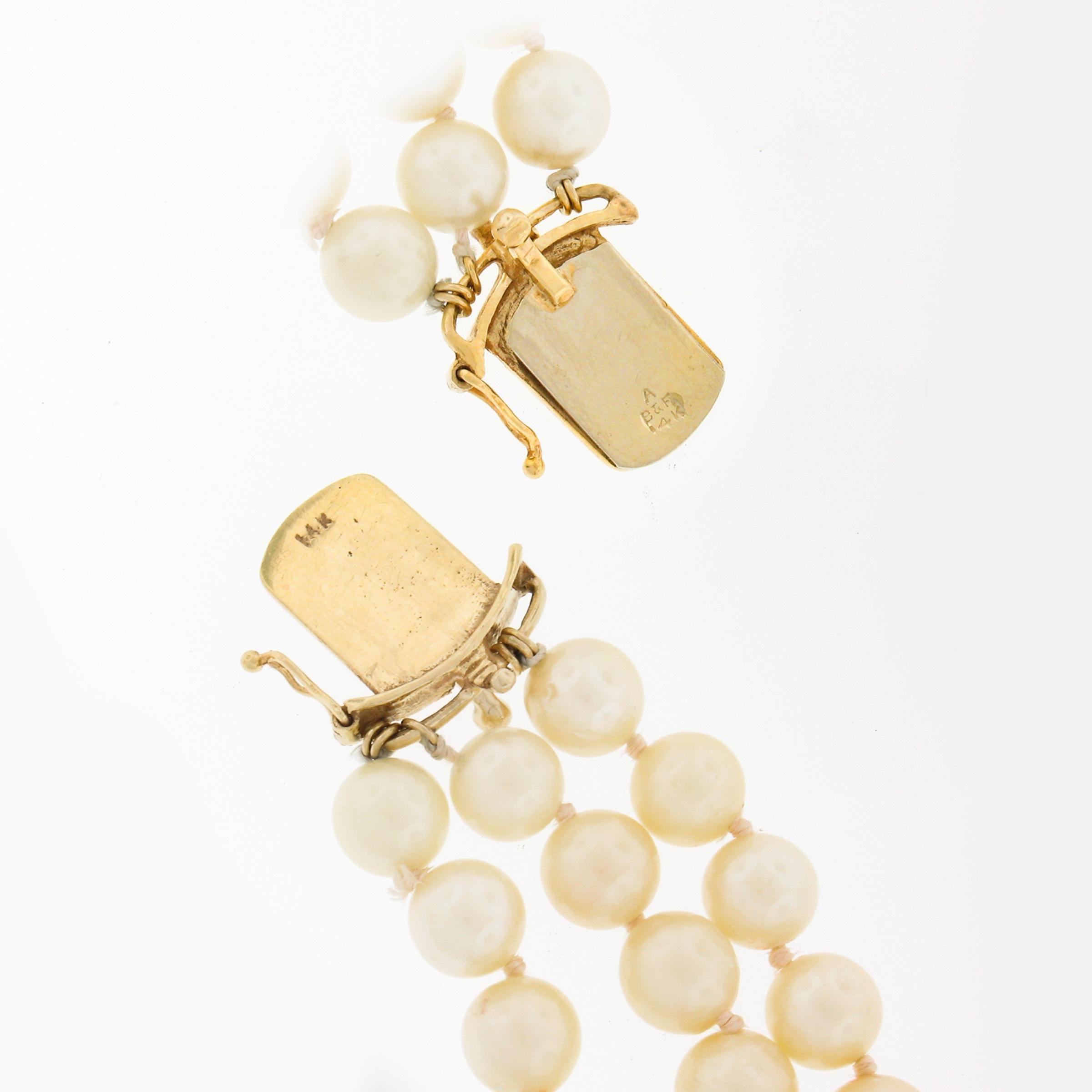 Vintage 3 Row Pearl Bracelet w/ 14k Yellow Gold Jade & Green Onyx Textured Clasp 1