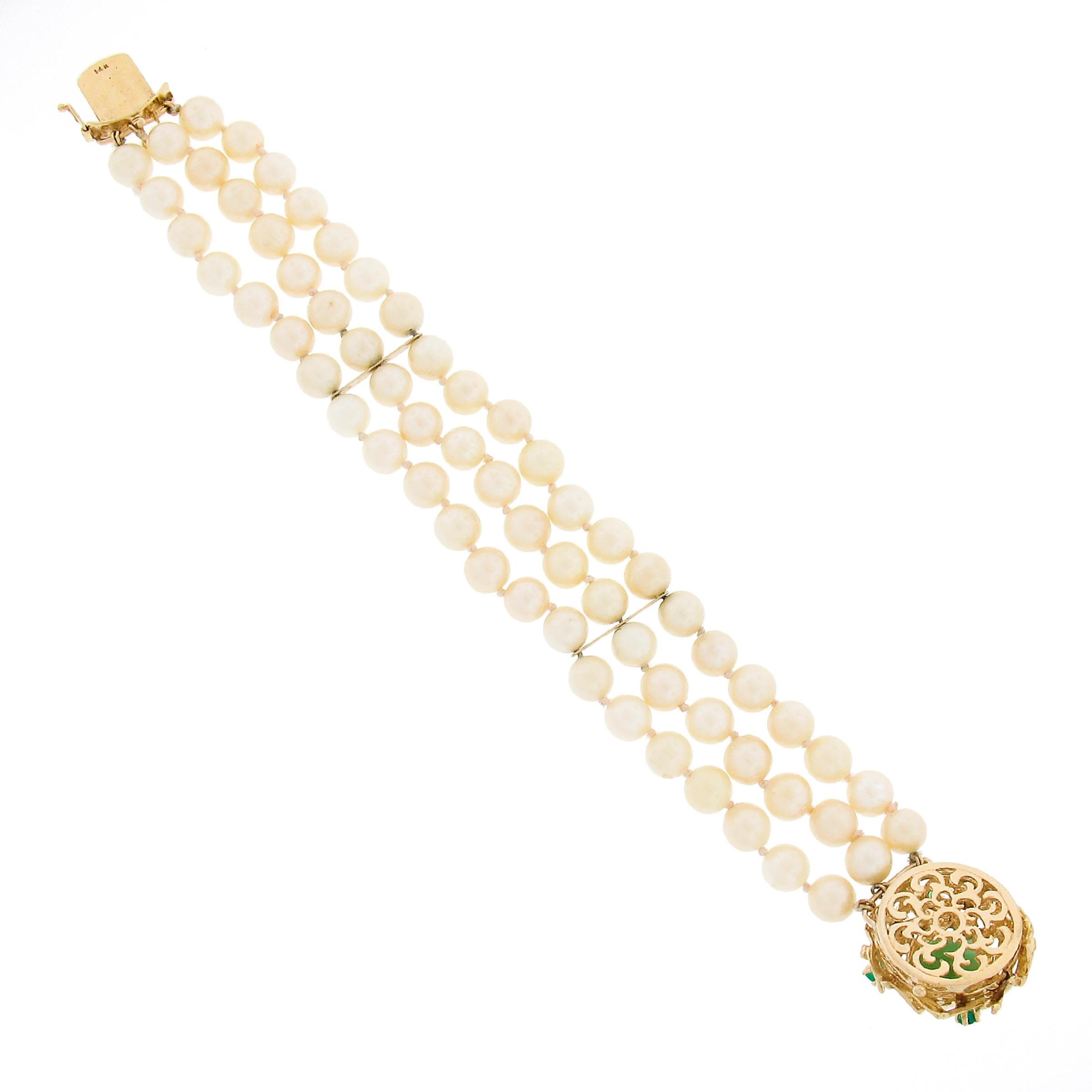 Vintage 3 Row Pearl Bracelet w/ 14k Yellow Gold Jade & Green Onyx Textured Clasp 2