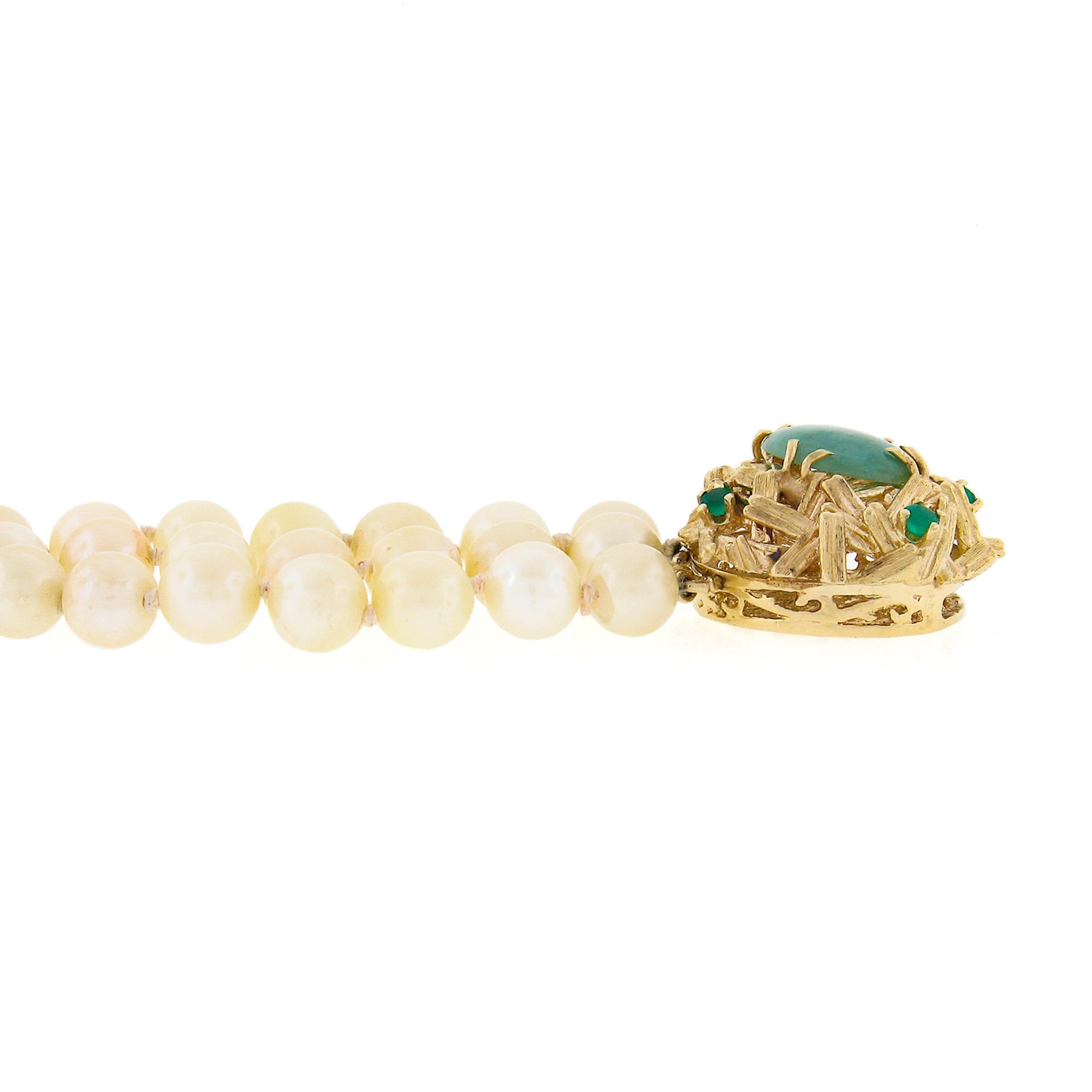 Vintage 3 Row Pearl Bracelet w/ 14k Yellow Gold Jade & Green Onyx Textured Clasp 3