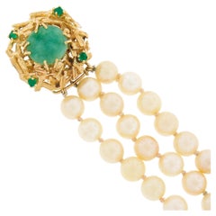 Vintage 3 Row Pearl Bracelet w/ 14k Yellow Gold Jade & Green Onyx Textured Clasp