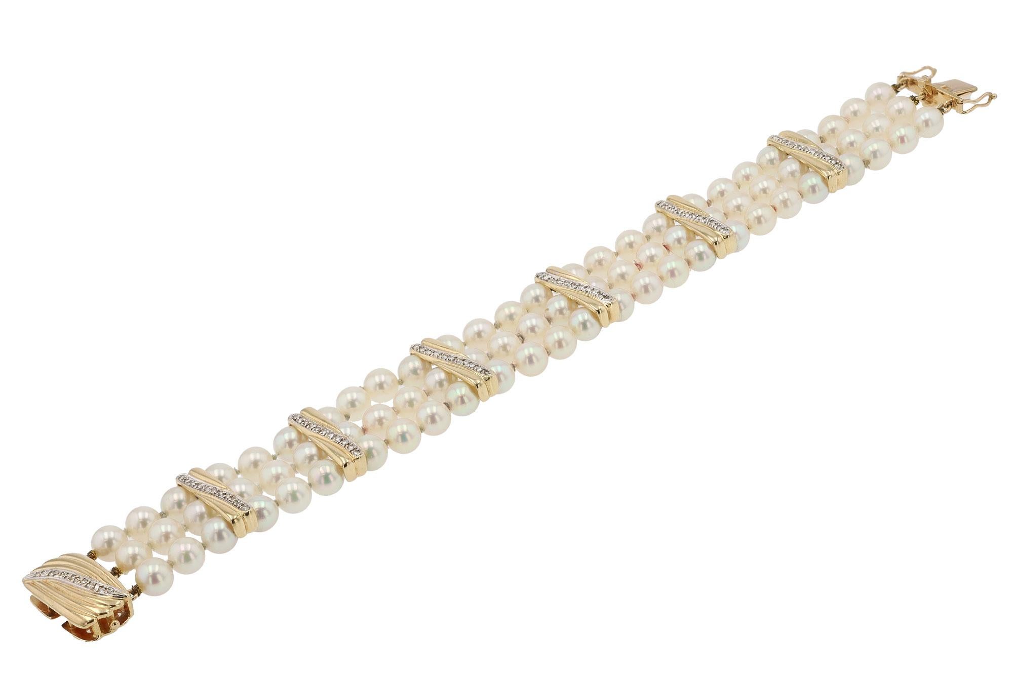 Artisan Vintage 3-Row Pearl Yellow Gold & Diamond Bracelet For Sale