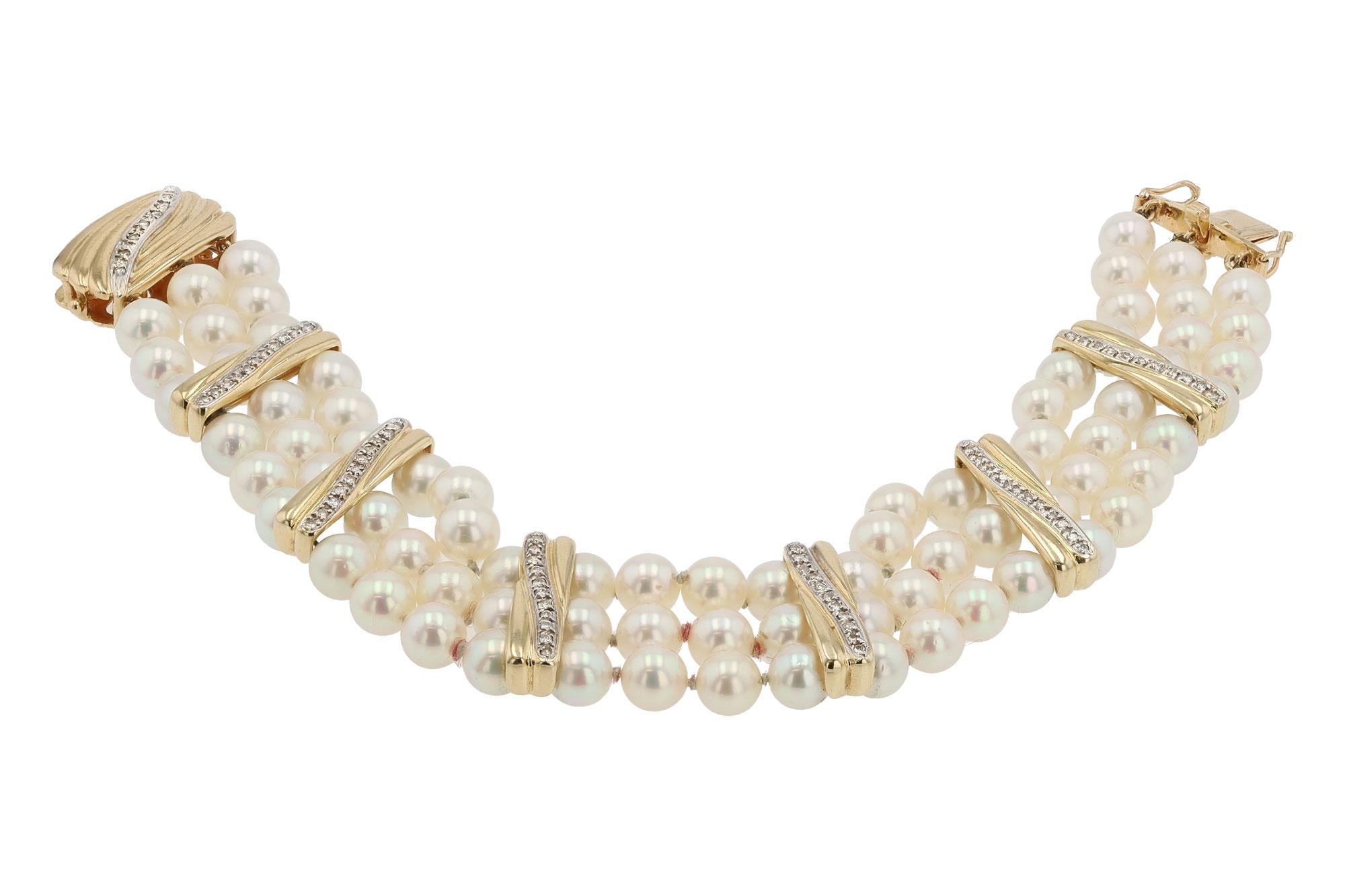 Round Cut Vintage 3-Row Pearl Yellow Gold & Diamond Bracelet For Sale