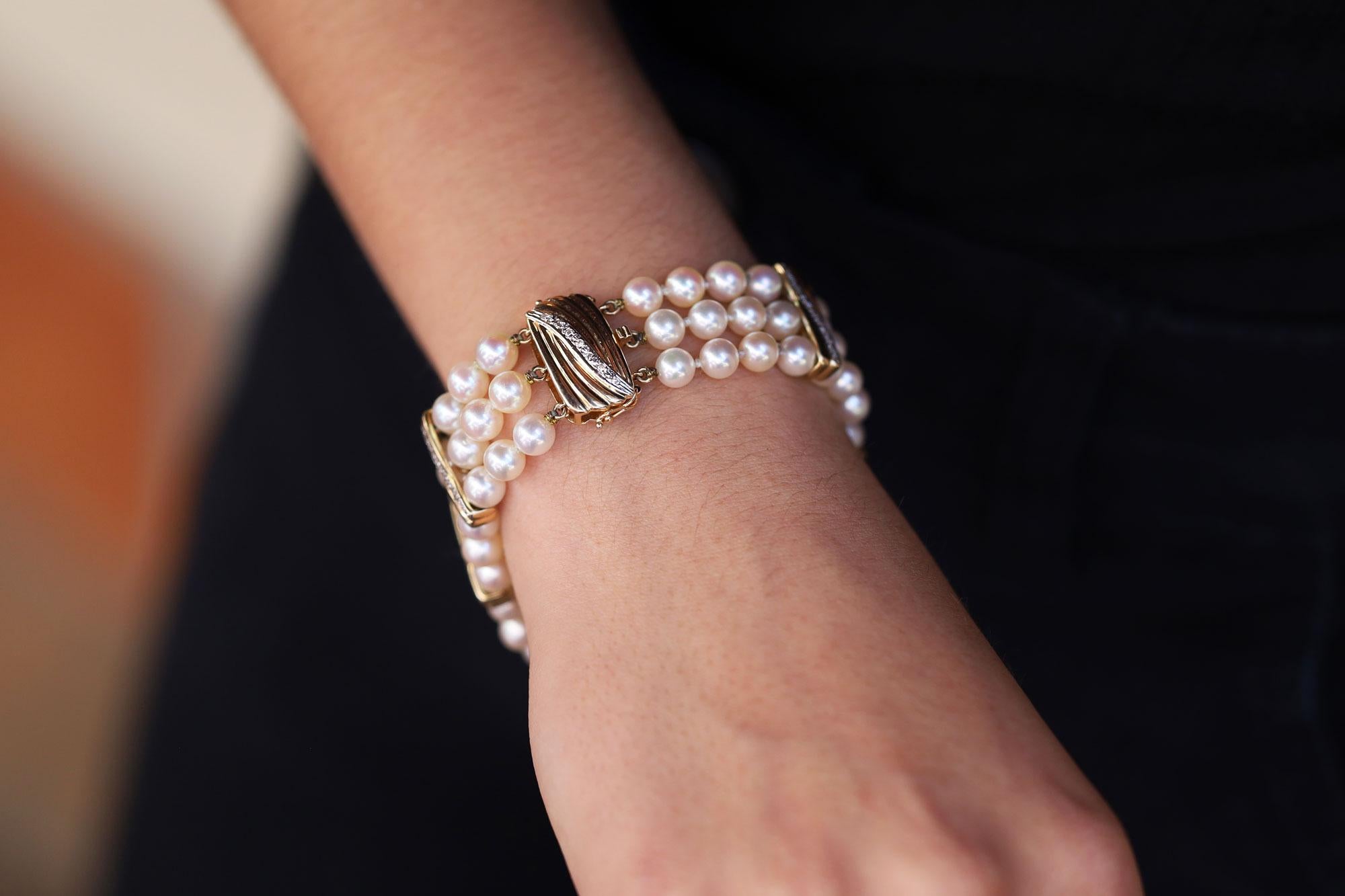 Vintage 3-Row Pearl Yellow Gold & Diamond Bracelet In Good Condition For Sale In Santa Barbara, CA
