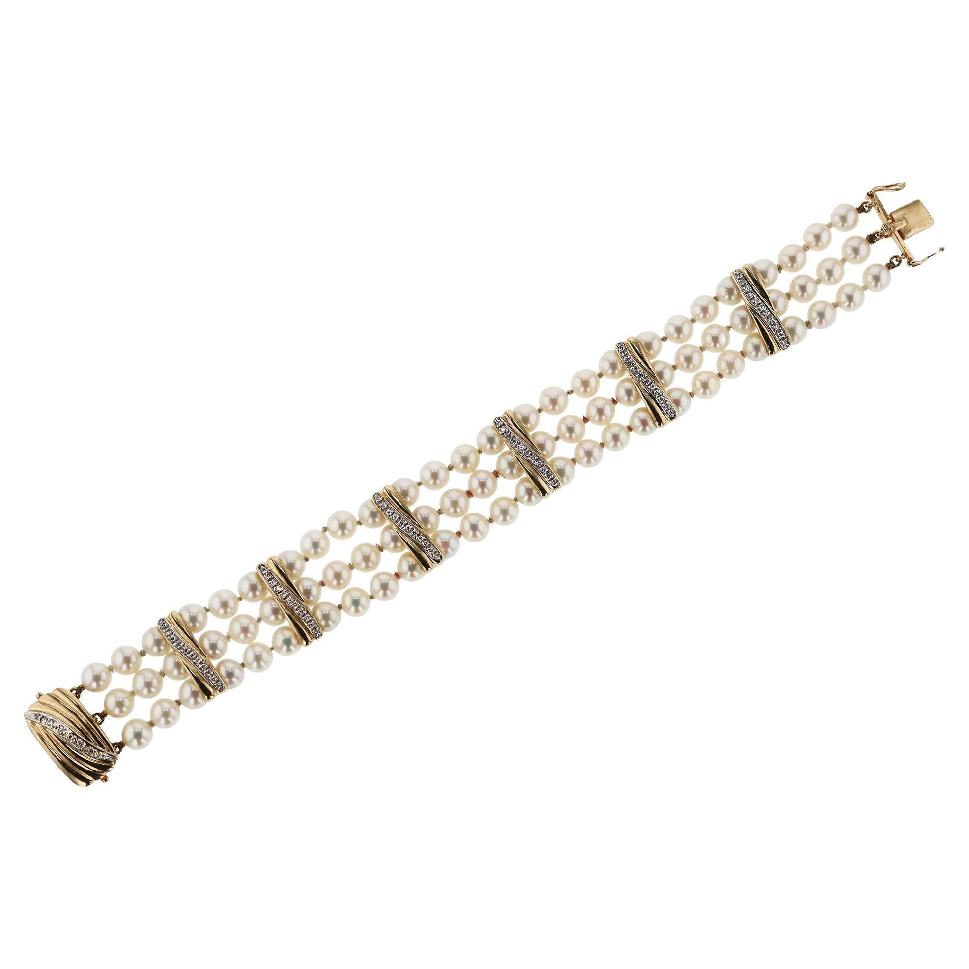 Vintage 3-Row Pearl Yellow Gold & Diamond Bracelet For Sale