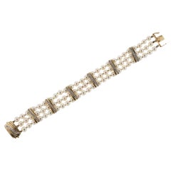 Retro 3-Row Pearl Yellow Gold & Diamond Bracelet