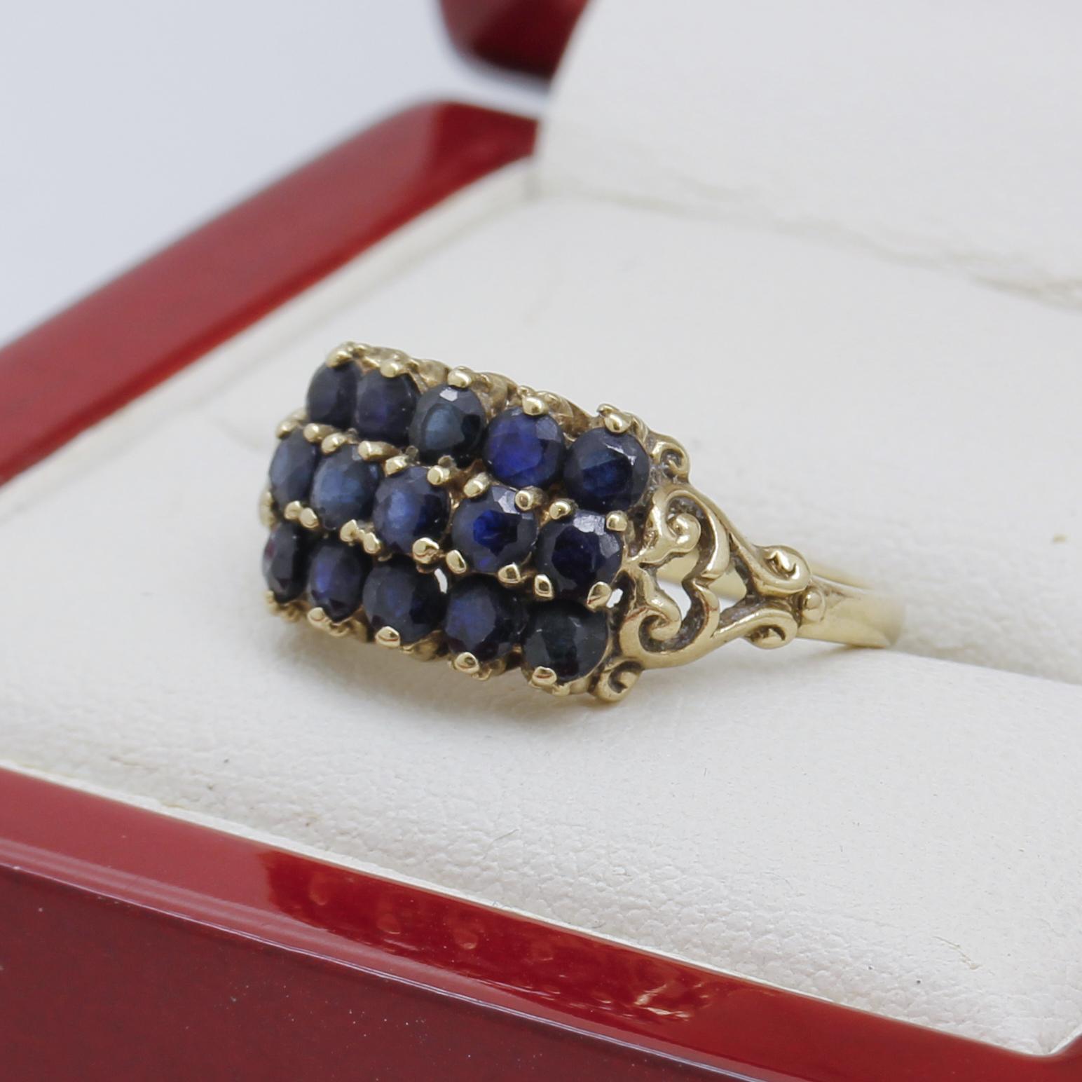 Round Cut Vintage 3 Row Sapphire Yellow Gold Ring For Sale
