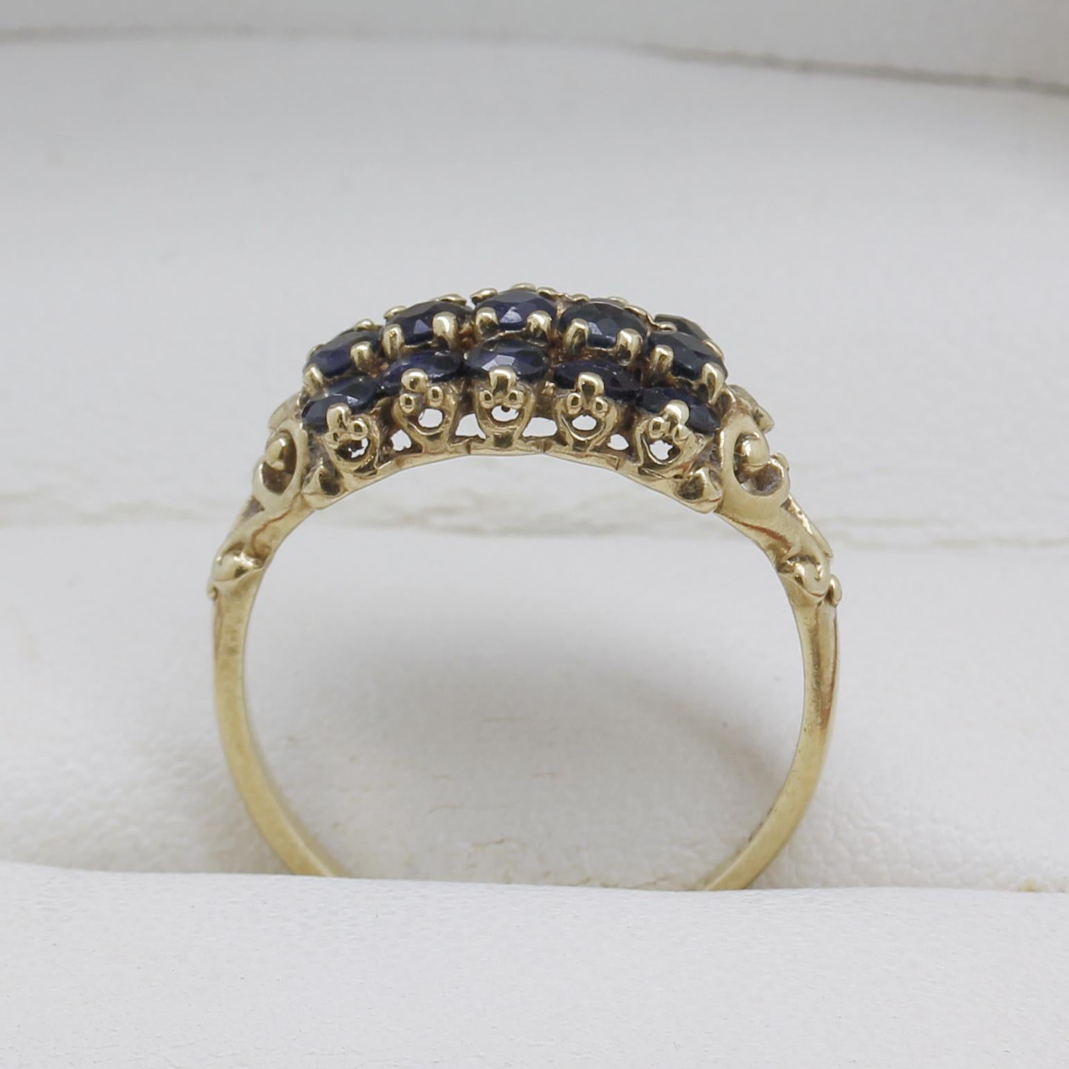 Women's Vintage 3 Row Sapphire Yellow Gold Ring For Sale