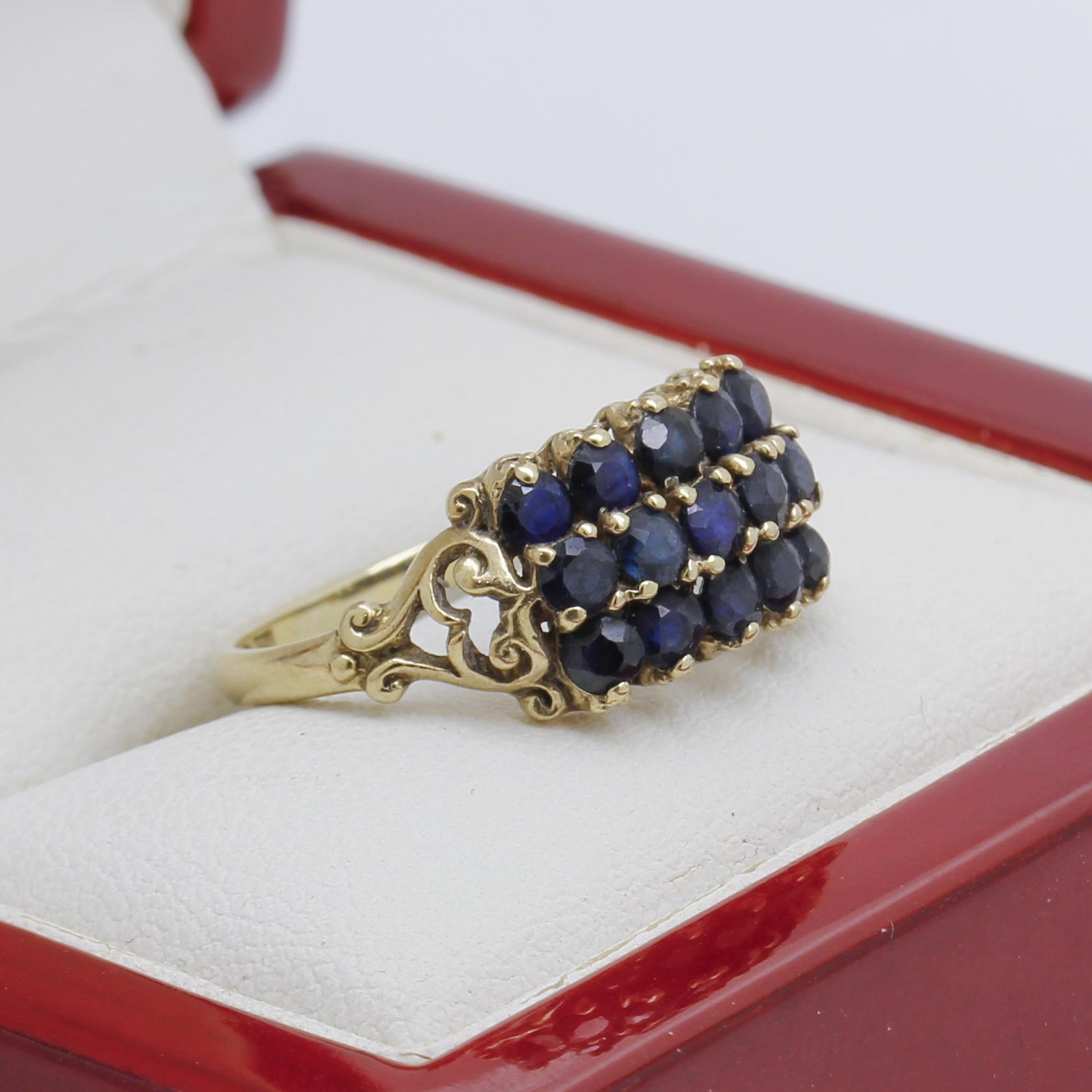Vintage 3 Row Sapphire Yellow Gold Ring For Sale 1