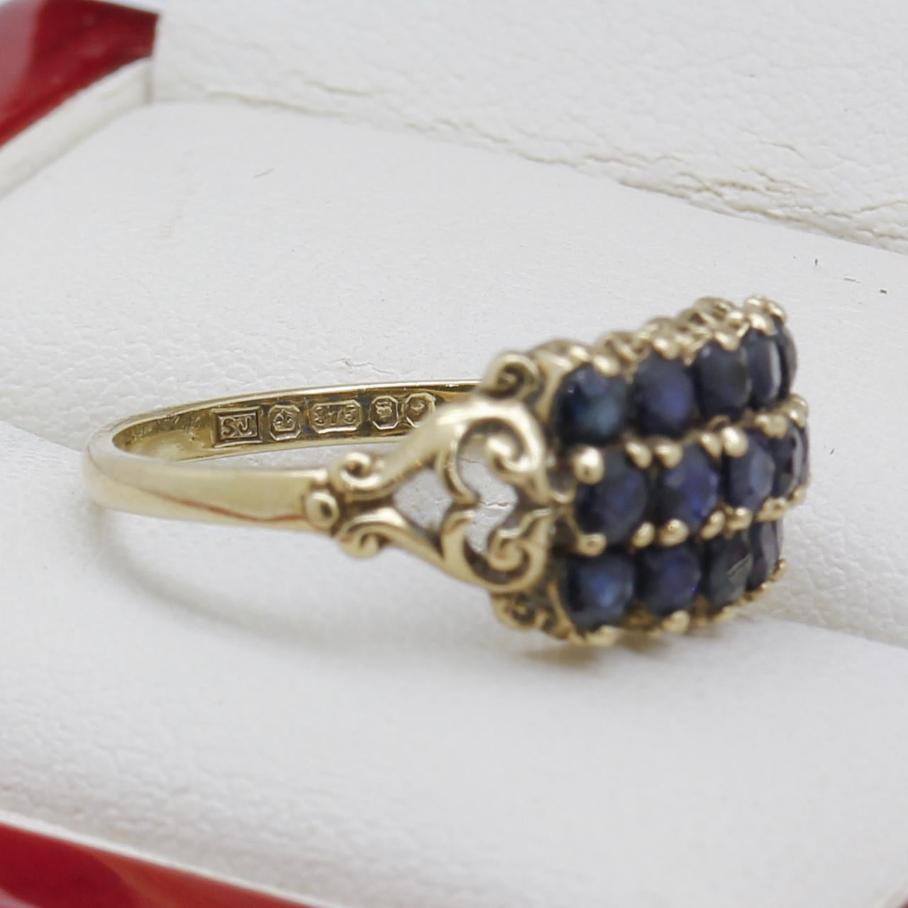 Vintage 3 Row Sapphire Yellow Gold Ring For Sale 2