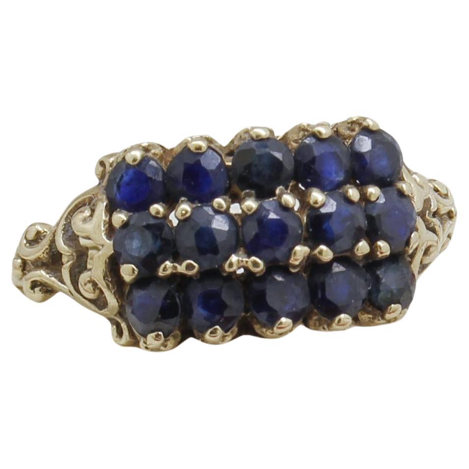 Vintage 3 Row Sapphire Yellow Gold Ring For Sale