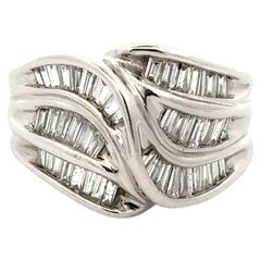 Vintage 3 Row Swirl Baguette Diamond Gold Ring