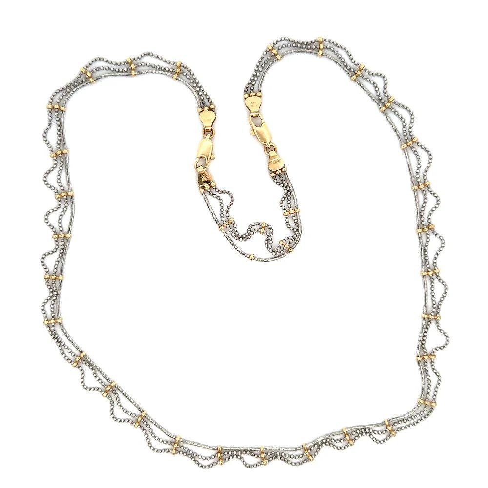 Vintage 3 Row Wavy Link and Ball Stations 2-Tone Gold Necklace In Excellent Condition For Sale In Montreal, QC