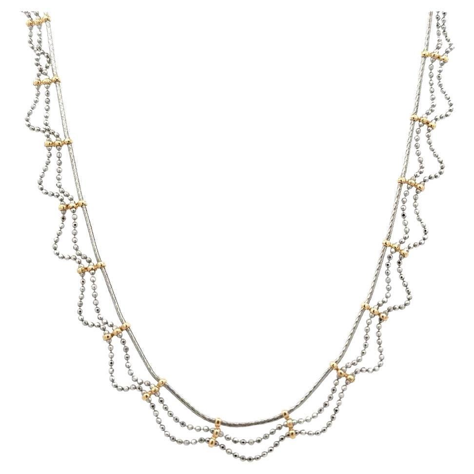 Vintage 3 Row Wavy Link and Ball Stations 2-Tone Gold Necklace For Sale