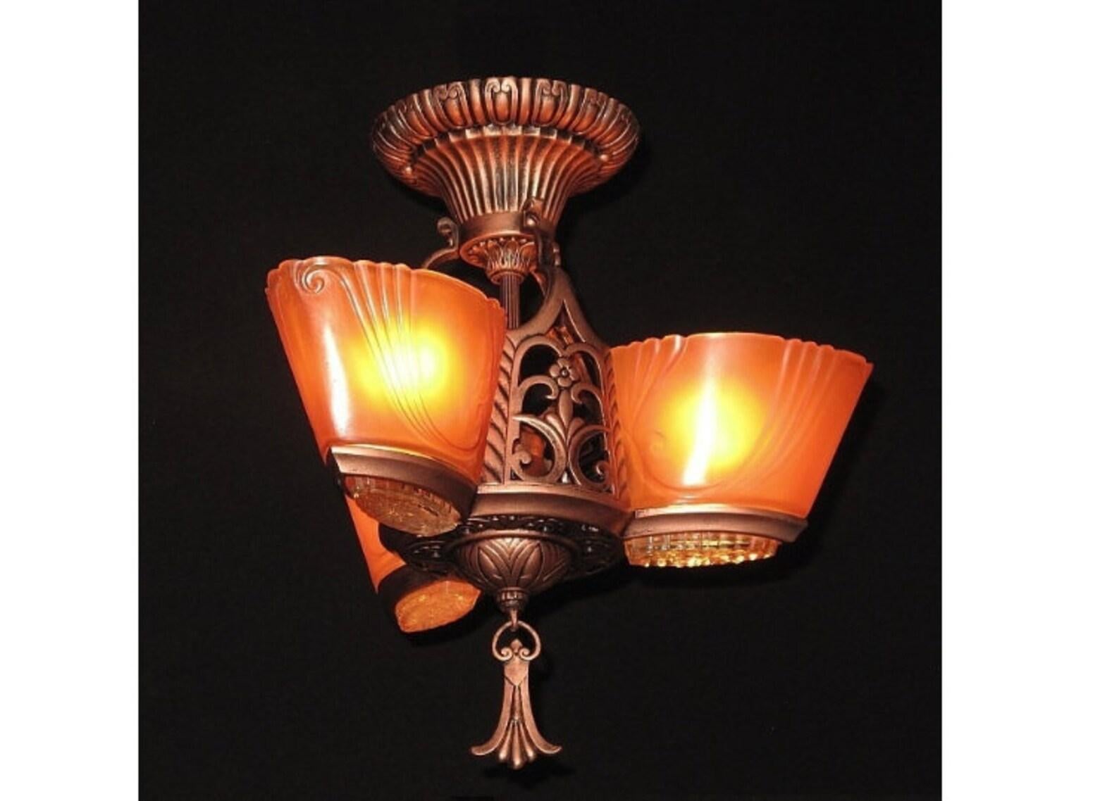Vintage 3 Slip Shade Semi-Flush Ceiling Fixture. 2 available priced each In Good Condition In Prescott, US