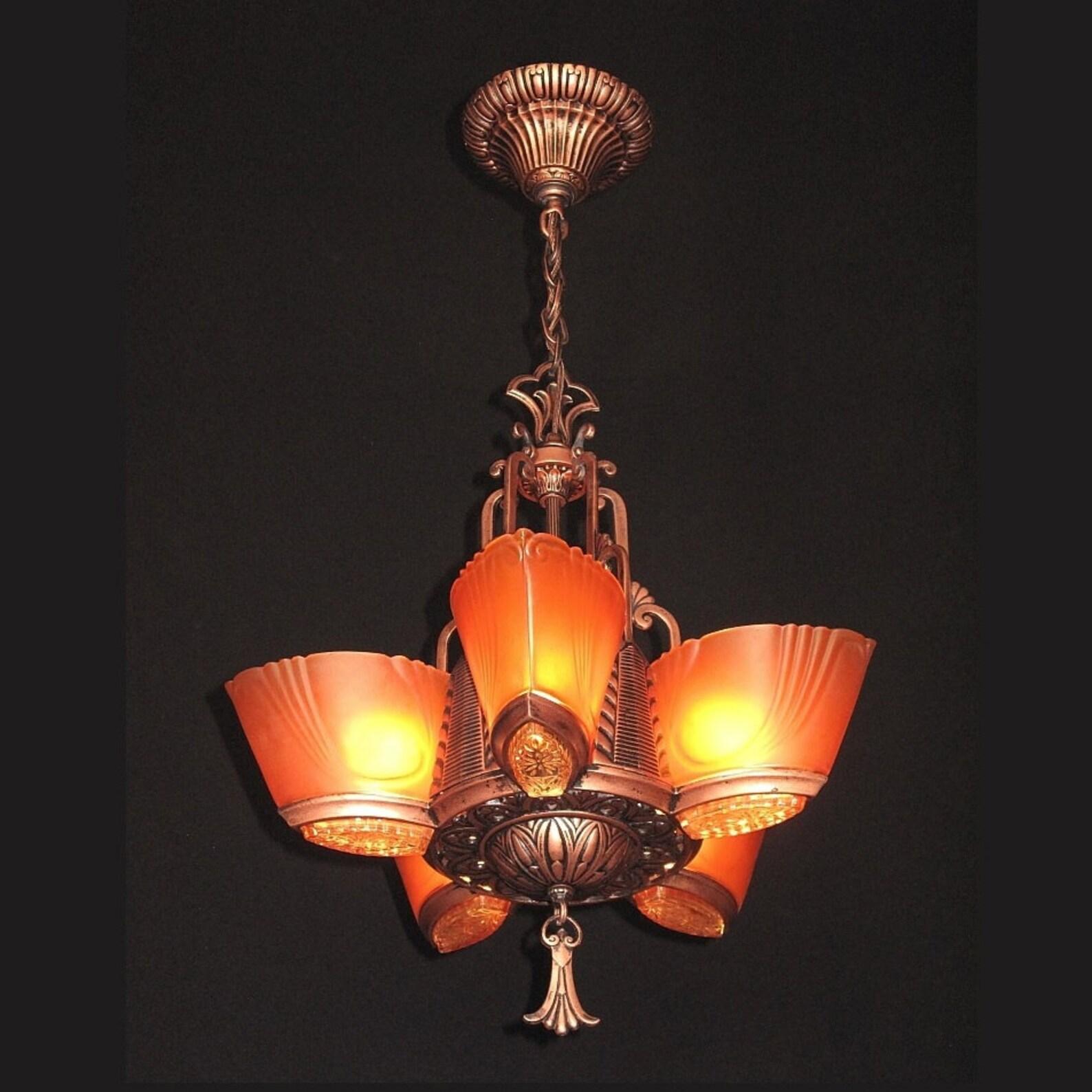 20th Century Vintage 3 Slip Shade Semi-Flush Ceiling Fixture. 2 available priced each