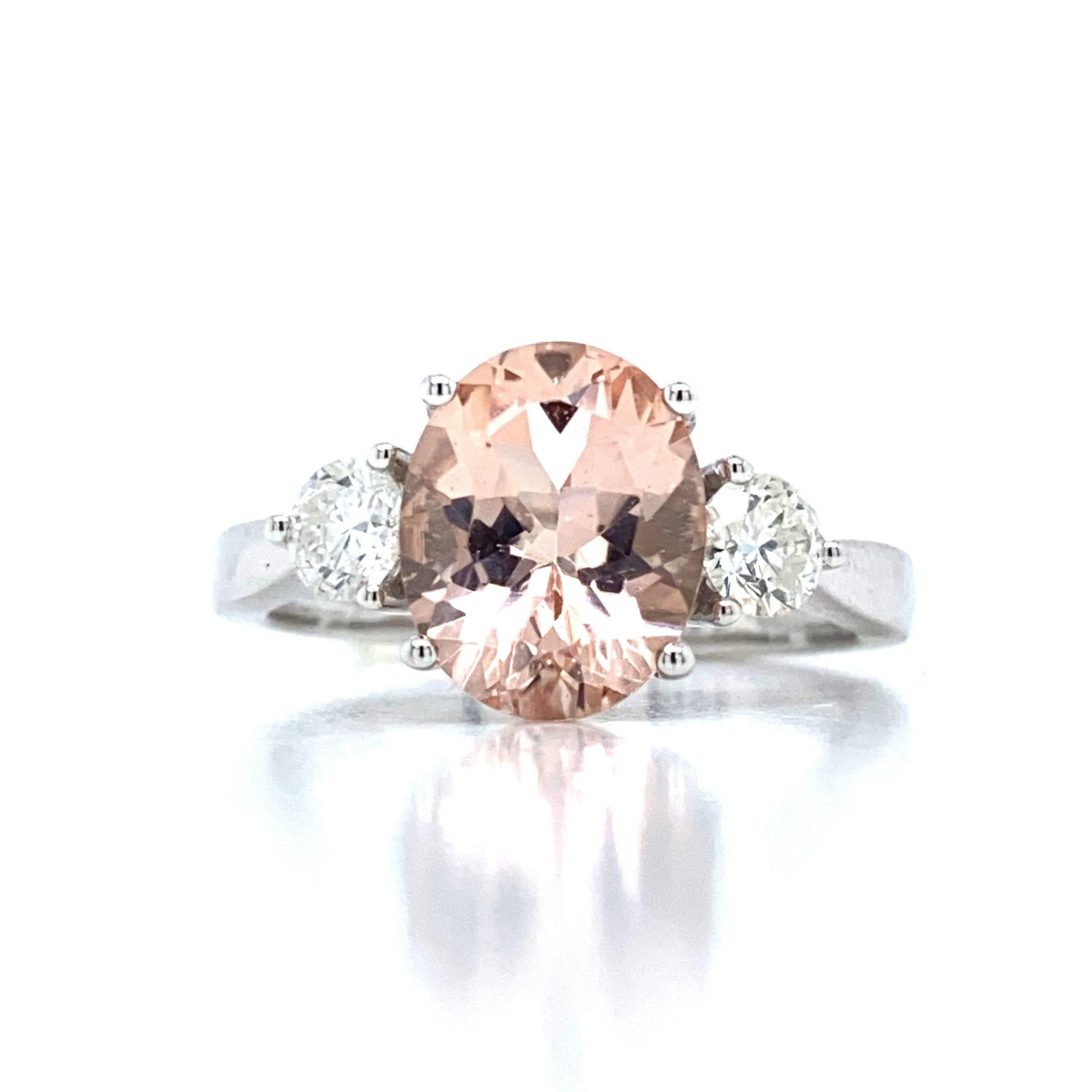 Oval Cut Vintage 3 Stone 3.36 Ct Oval Morganite & Diamond White Gold Ring For Sale