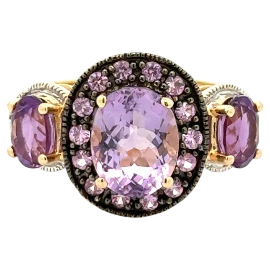 Vintage 3 Stone Amethyst, Pink Sapphire und Diamant Gold Trilogie Ring