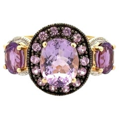 Vintage 3 Stone Amethyst, Pink Sapphire and Diamond Gold Trilogy Ring (bague trilogie en or avec améthyste, saphir rose et diamant)