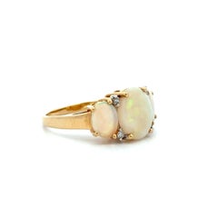 Vintage 3 Stone Australian White Opal and Diamond Gold Ring