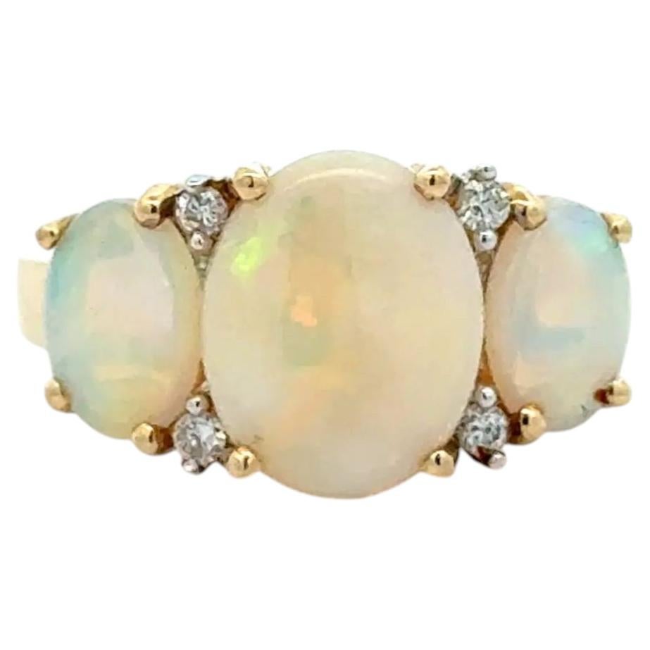 Vintage 3 Stone Australian White Opal and Diamond Gold Ring