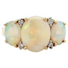 Vintage 3 Stone Australian White Opal and Diamond Gold Ring