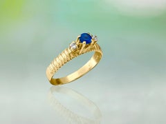 Vintage 3-Stone Blue Sapphire Diamond Engagement Ring