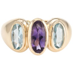 Vintage 3 Stone Blue Topaz Amethyst Cocktail Ring 14 Karat Gold Estate Jewelry