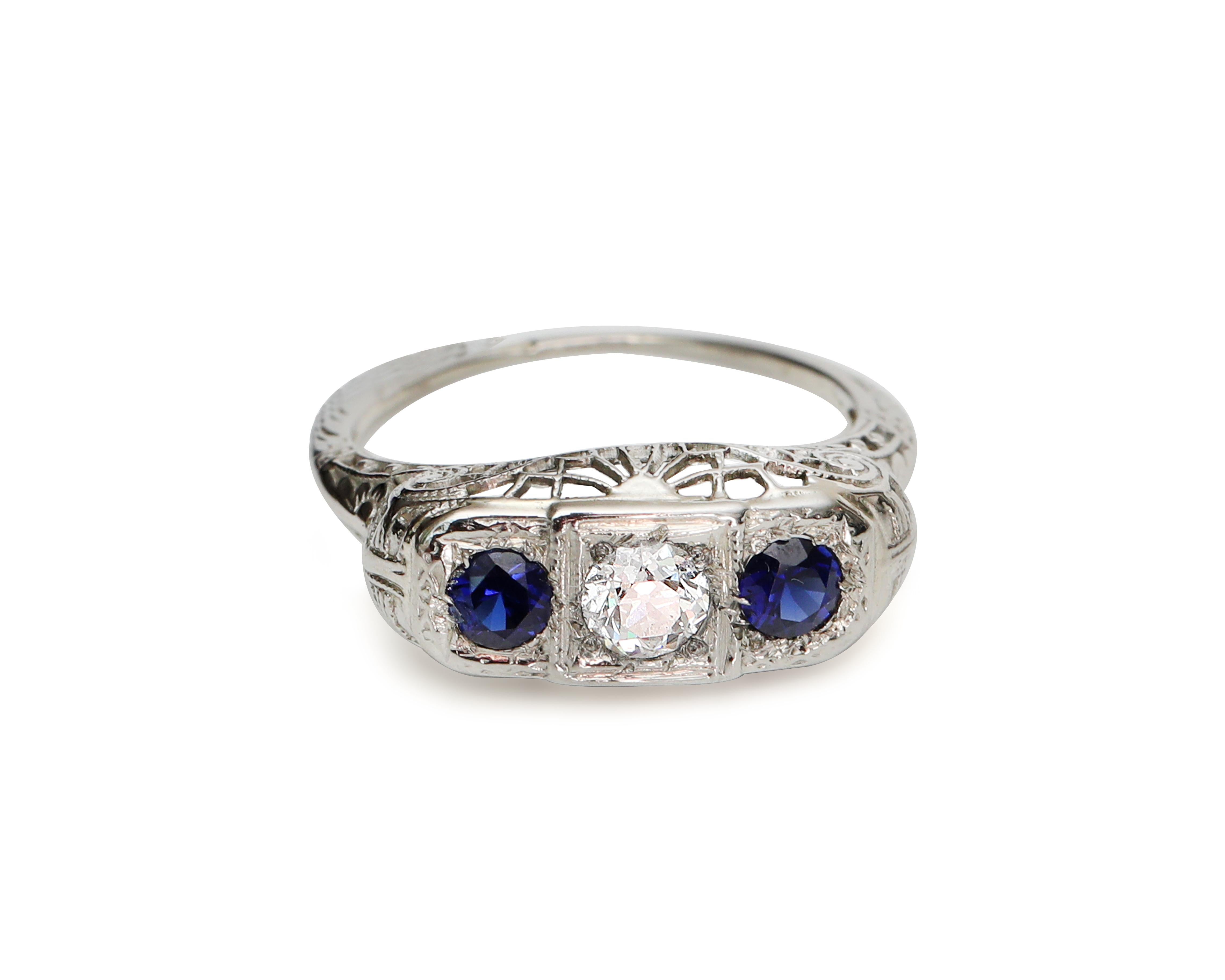 Old European Cut Vintage 3-Stone Diamond and Sapphire Platinum Filigree Art Deco Ring