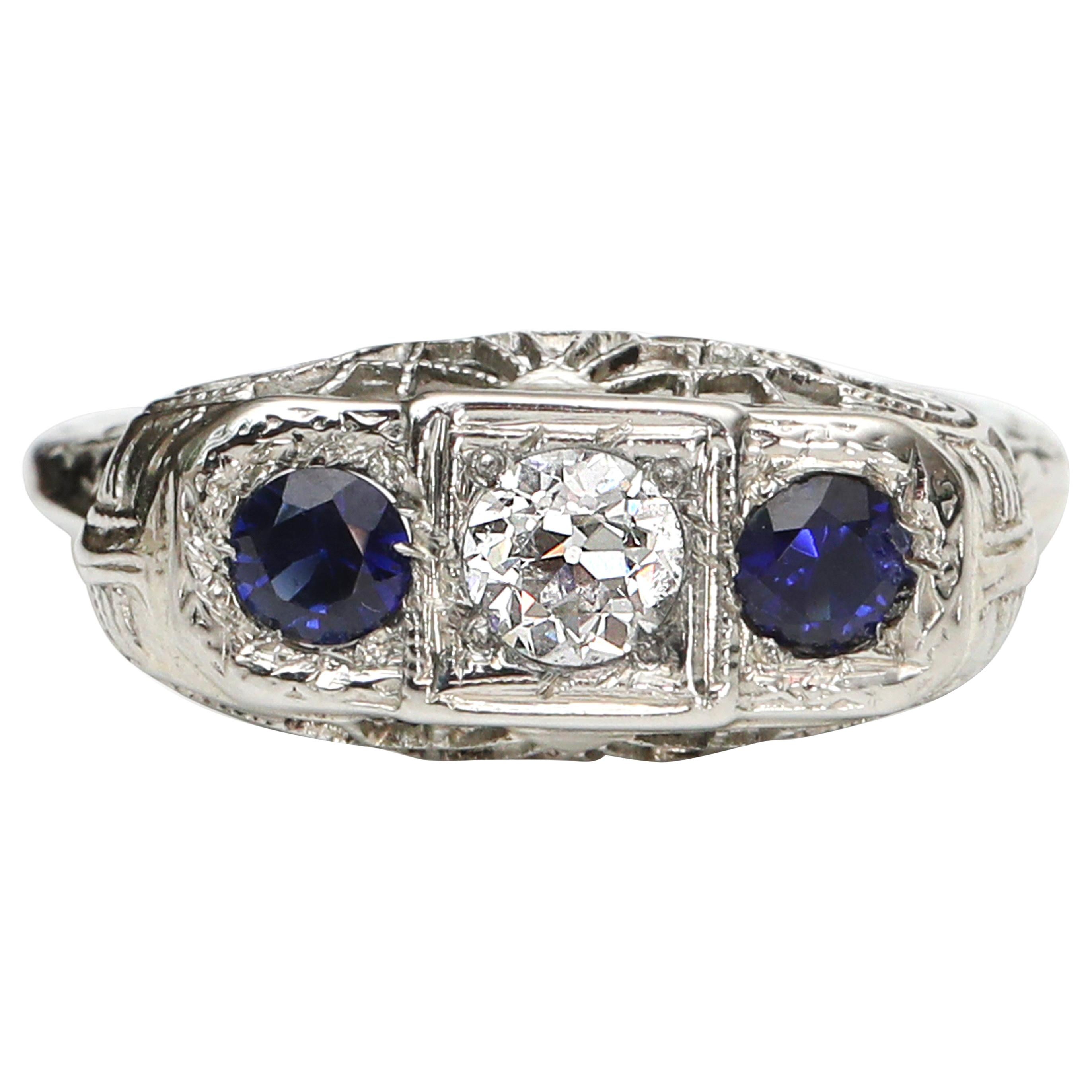 Vintage 3-Stone Diamond and Sapphire Platinum Filigree Art Deco Ring