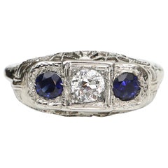 Vintage 3-Stone Diamond and Sapphire Platinum Filigree Art Deco Ring