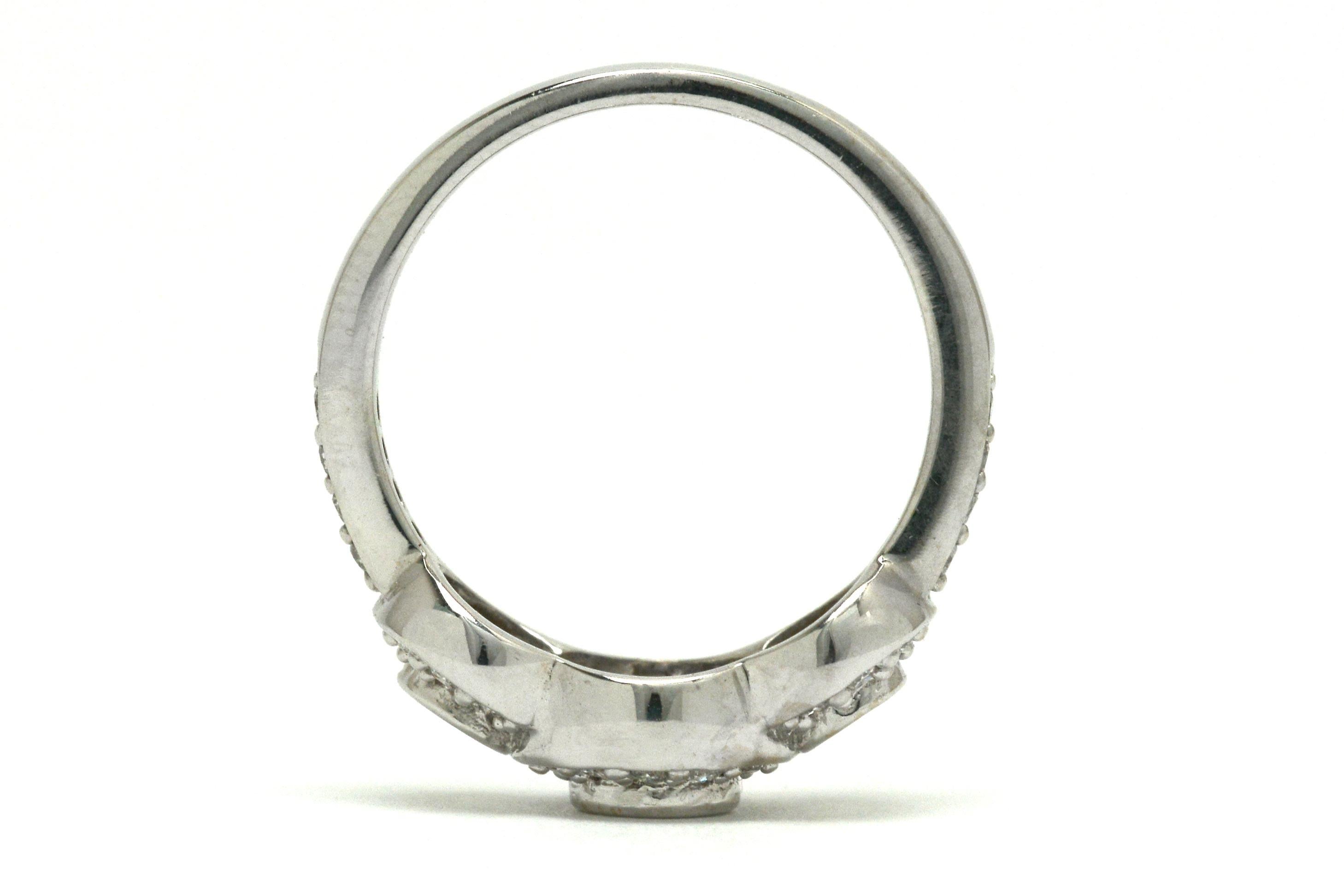 Vintage 3-Stone Diamond Ring Trinity Pave Triple Halo 14 Karat White Gold In Good Condition In Santa Barbara, CA