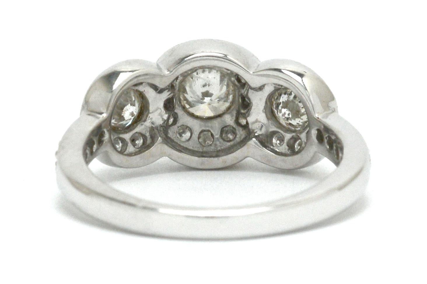 Women's Vintage 3-Stone Diamond Ring Trinity Pave Triple Halo 14 Karat White Gold