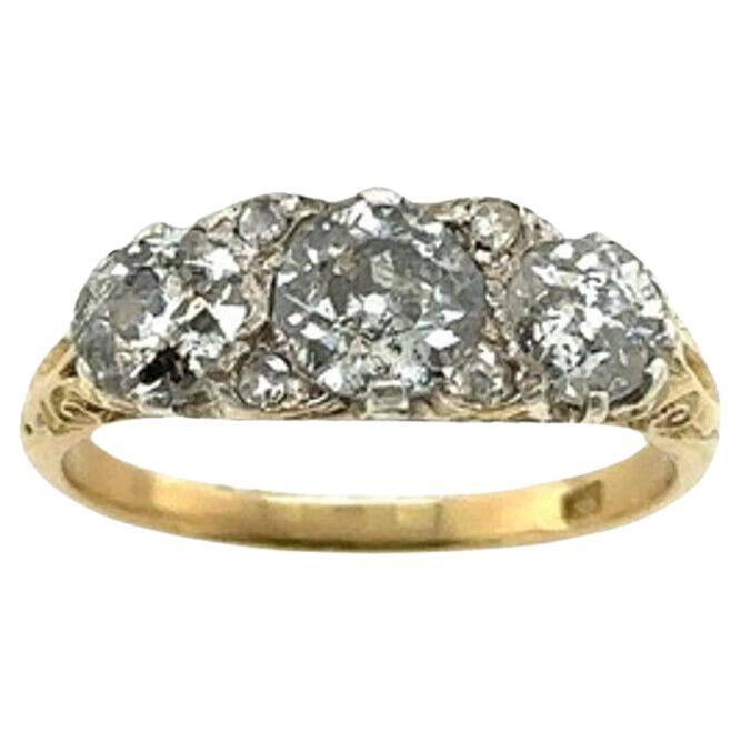 Vintage 3-Stone Diamond Ring 1.50ct Victorian Cut Diamonds in 18ct Yellow Gold For Sale