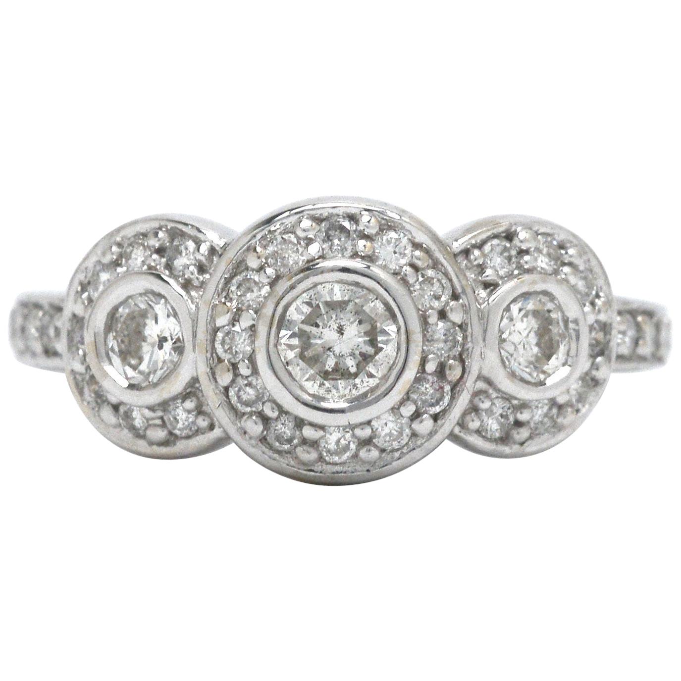 Vintage 3-Stone Diamond Ring Trinity Pave Triple Halo 14 Karat White Gold