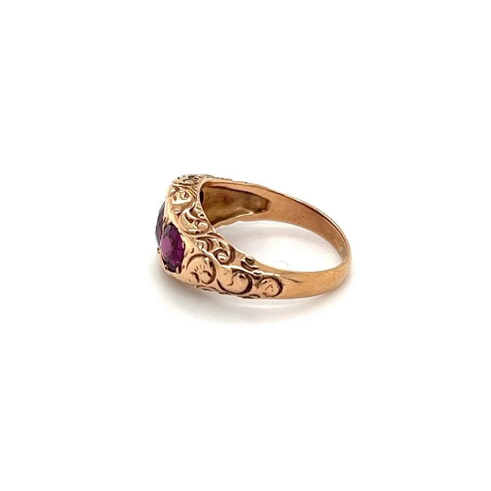 Victorian Vintage 3 Stone Grape Garnet Antique Engraved Gold Ring For Sale
