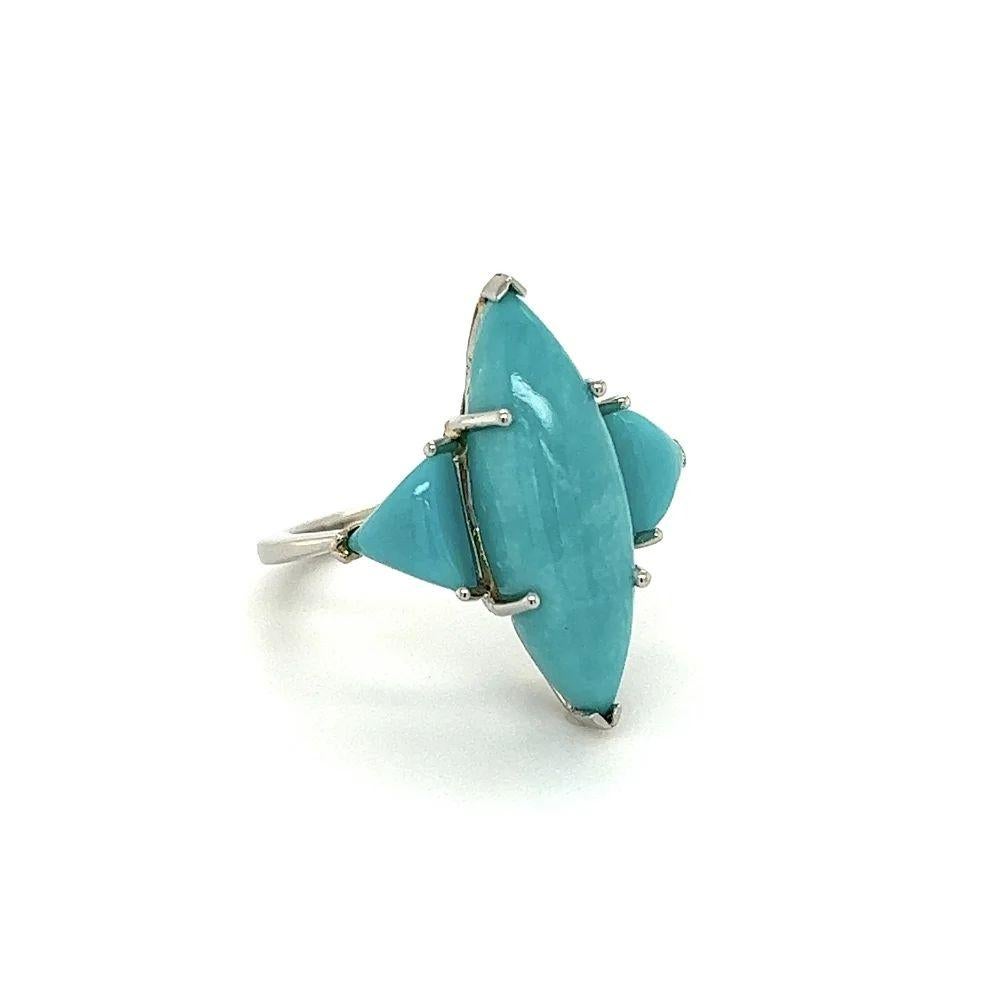 Simply Beautiful! Vintage 3 Stone Turquoise Gold Navette Ring. Hand set with Marquise and Trillion Turquoise, weighing approx. 4tcw. Finely Hand-crafted 14K White Gold mounting. Ring size 6.25, we offer ring resizing. More Beautiful in real time!