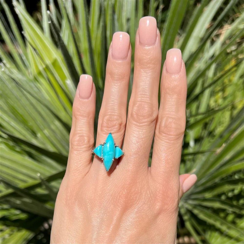 Modern Vintage 3 Stone Marquise and Trillion Turquoise Gold Navette Ring For Sale