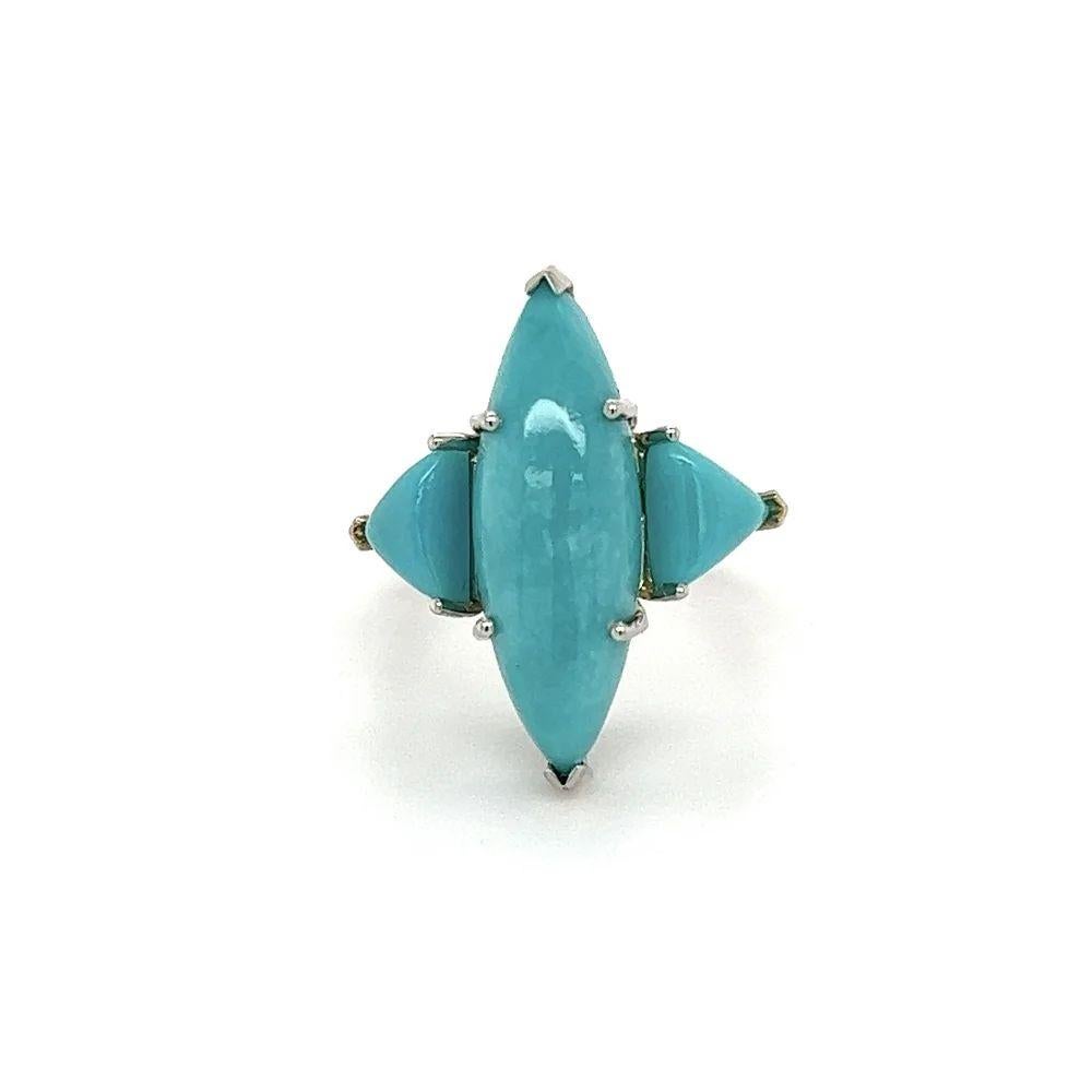 Trillion Cut Vintage 3 Stone Marquise and Trillion Turquoise Gold Navette Ring For Sale